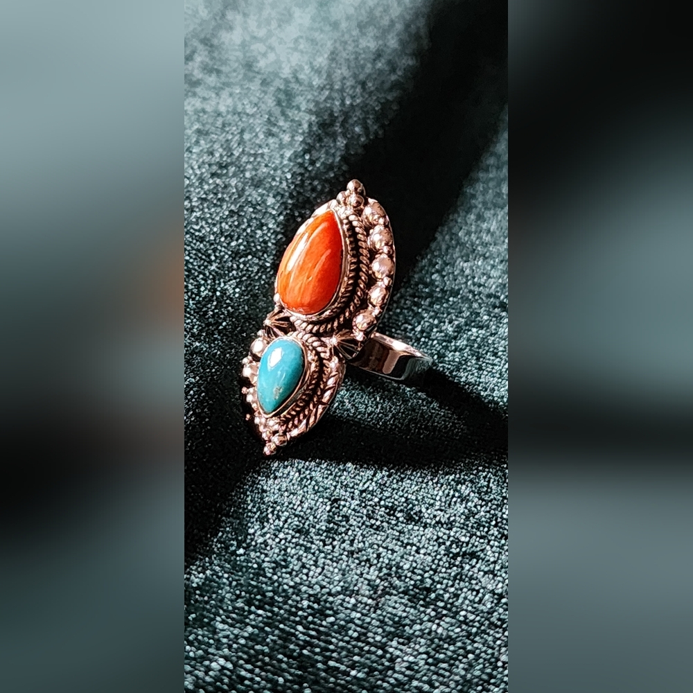 Sterling Silver Orange Spiny Oyster Turquoise Southwest Ring Ornate Details 7